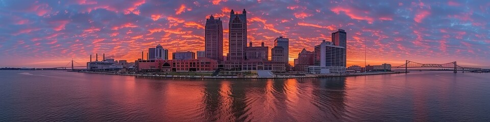 Obraz premium Panoramic view of downtown city skyline at sunset with vibrant colorful sky and reflections on calm river water creating stunning urban scenery