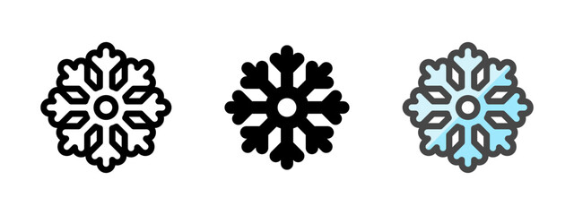 Multipurpose snowflake vector icon in outline, glyph, filled outline style. Three icon style variants in one pack.
