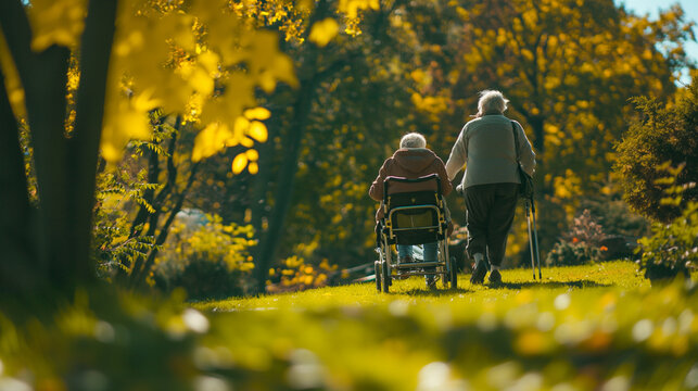 Elderly pair with walker strolling park