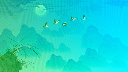 Fototapeta premium Oriental painting wallpaper illustration Landscape painting Mountains and clouds 동양화 산수화 산 구름 달 바람