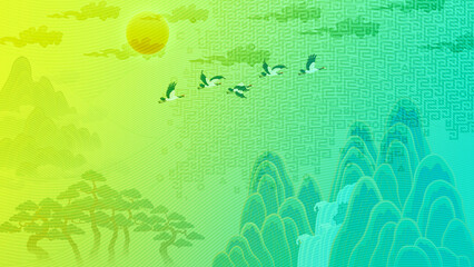 Oriental painting wallpaper illustration Landscape painting Mountains and clouds 일러스트 산 바람