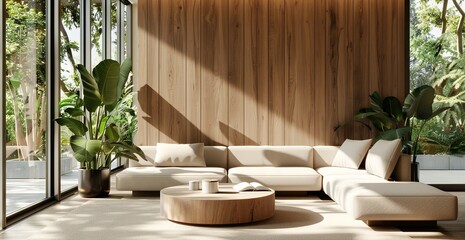 Fototapeta premium Elegant modern living room with wooden wall panels, large windows, and minimalist design. 