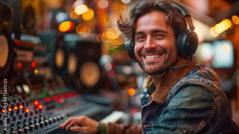Poster this man smiles while mixing music in a studio. podcast and streaming concept