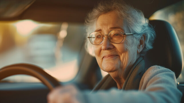 Elderly woman steering vehicle