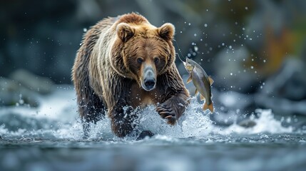 Naklejka premium Powerful action shot of grizzly bear catching fish in rushing river, raw wildlife scene.