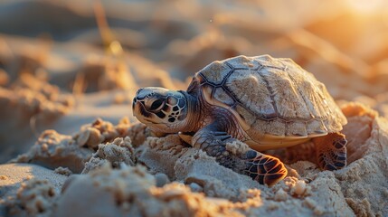Fototapeta premium Sea turtle hatching on sandy beach, nature's cycle, new beginnings, wildlife, ocean conservation.