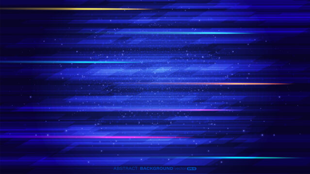 Abstract glowing light speed lines and glitter light effect on dark blue background