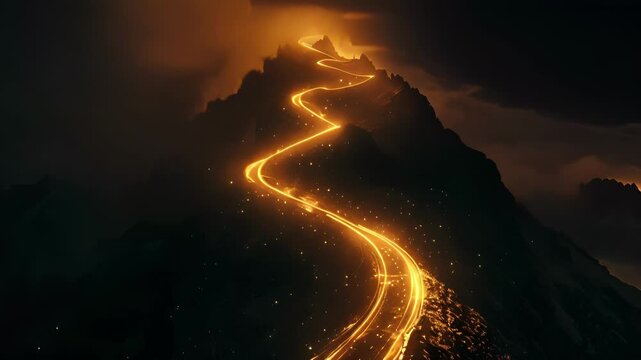 Swirling ribbons of gold and silver lights conquer a winding road leading towards the peak of a towering hill.