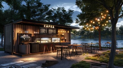 Obraz premium Modern Container Cafe by the Lake