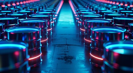 Obraz premium A large number of oil barrels with neon lights on their sides, arranged in rows and glowing blue light inside the barrel
