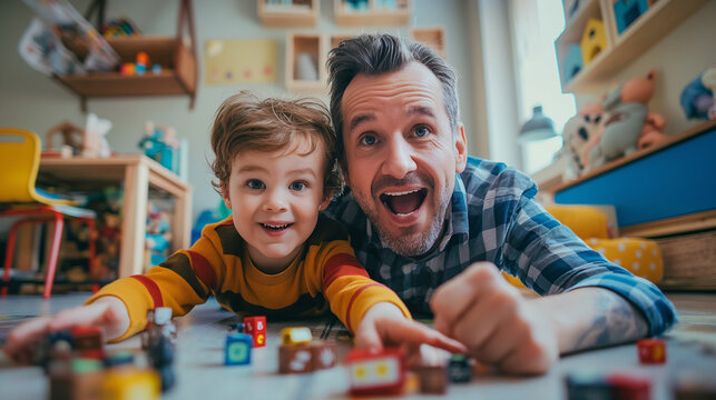 Man and child building with bricks in playroom
