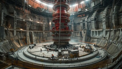 Interior view of an advanced energy power plant shows red and white swirls at the top.