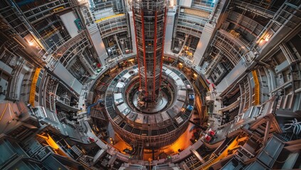 Obraz premium Wide angle photo of the interior of an advanced nuclear power plant, with high-tech machinery and large white towers covered in red tape and colorful equipment