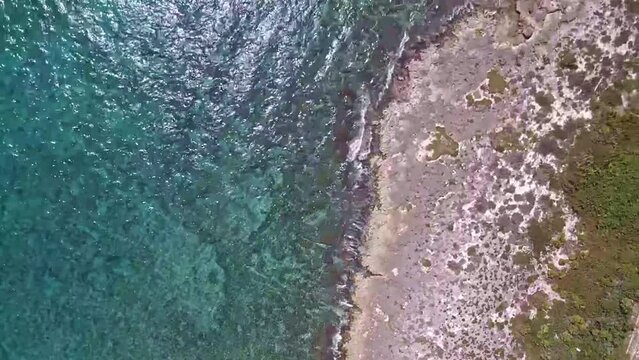 Aerial top view of a reef shore in Akumal, Mexico