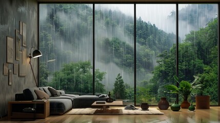 living room with class wall and view is the forest and it is raining outside