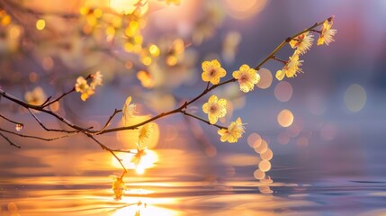 Spring Blossoms Reflecting in a Golden Sunset