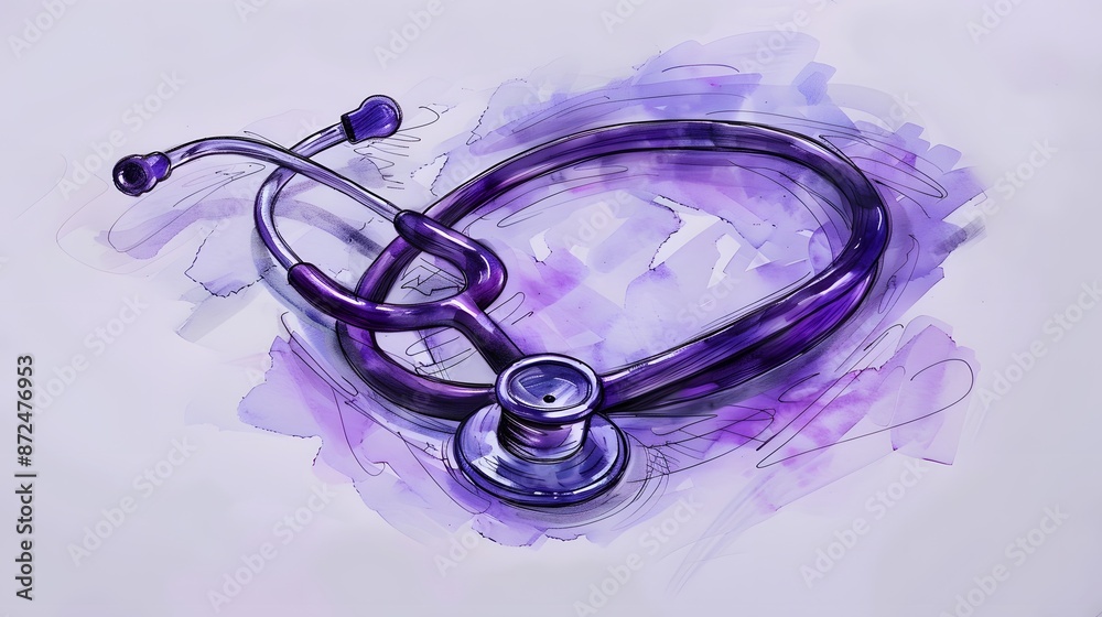 Wall mural old purple stethoscope on isolated.