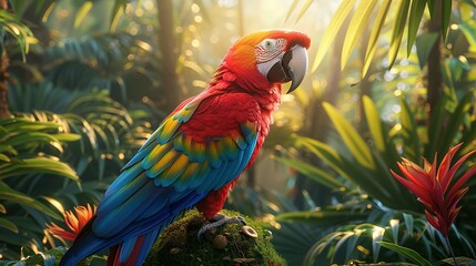 Proud Macaw in Lush Tropical Jungle