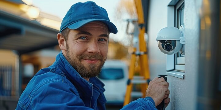 handyman technician in blue installing security camera for home, ai