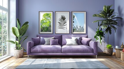 A contemporary living room with a purple sofa, medium-range, pale blue walls, large windows, wooden floor, indoor plant, and trendy decor. High quality picture resolution 4K sharp focus and clear