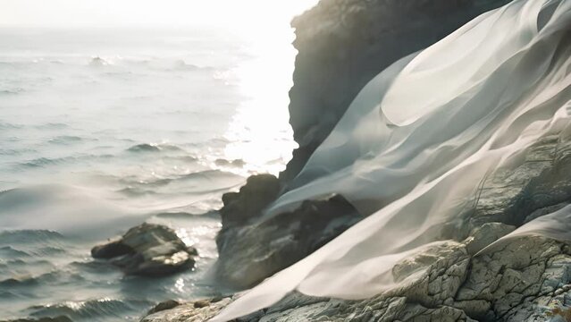 The fabric blends effortlessly with the natural elements of the rocky cove creating a harmonious scene.