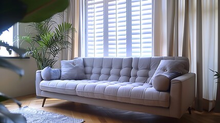 A cozy living room with a gray sofa, medium-range, beige walls, large windows, wooden floor, indoor plant, elegant decor. High quality picture resolution 4K sharp focus and clear light , high clarity