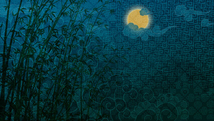 Oriental painting wallpaper illustration Landscape painting dark Mountains and clouds 동양화  산 바다 소나무 달 