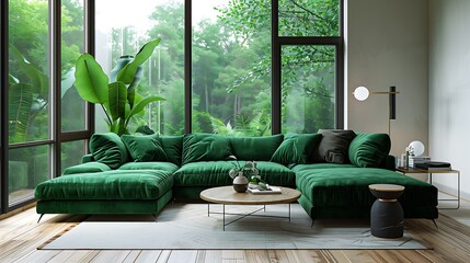 A contemporary living room with a green sofa, medium-range, white walls, large windows, wooden floor, indoor plant, minimalist decor. High quality picture resolution 4K sharp focus and clear light ,