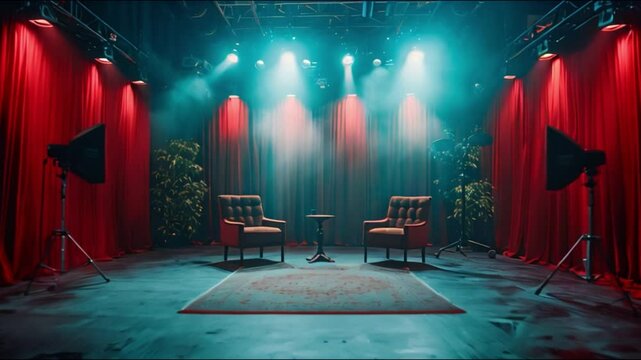 This stage with two chairs, a table, red curtains, and lighting equipment.