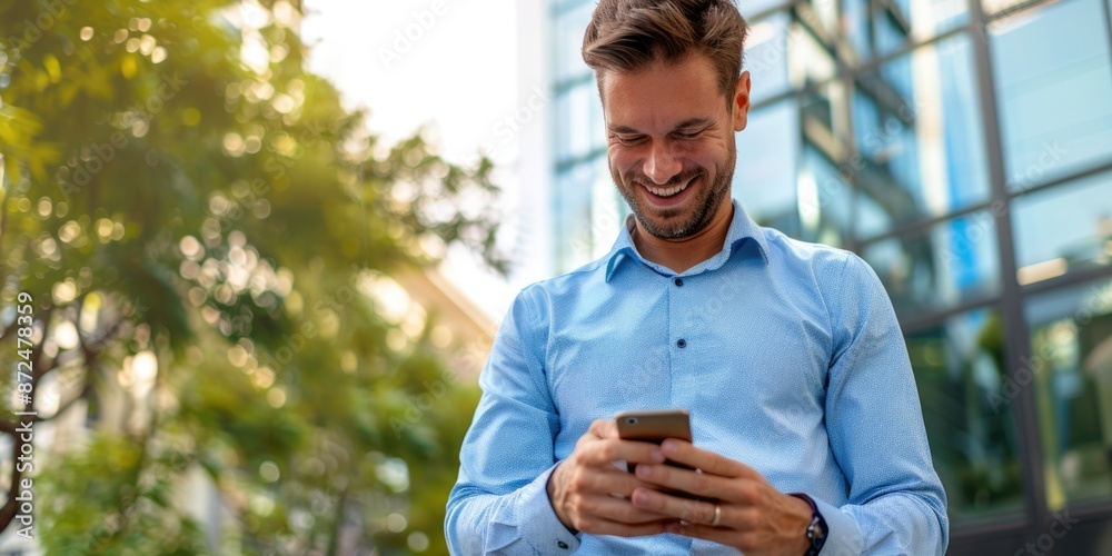 Sticker young male holding a phone with skyscraper business background