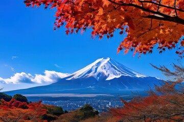 AI Image Generator, Vulcano Japan nature mountain with autumn leave