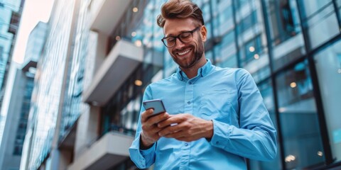 young male holding a phone with skyscraper business background