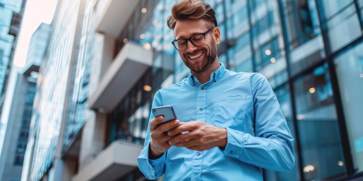young male holding a phone with skyscraper business background