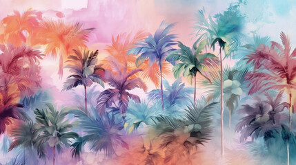 Tropical plants and palm trees for backgrounds texture watercolor art.