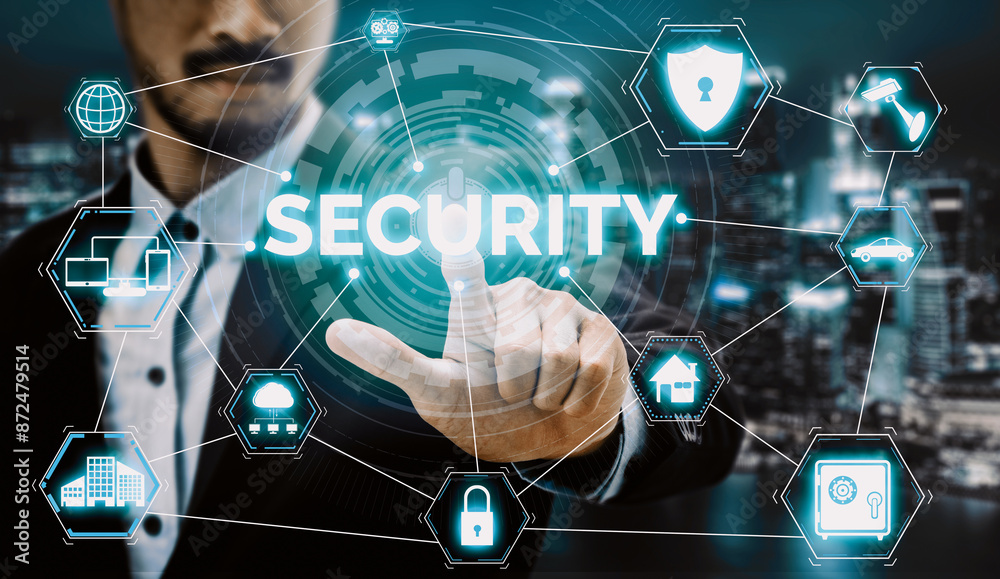 Poster cyber security and digital data protection concept. icon interface showing secure firewall technolog