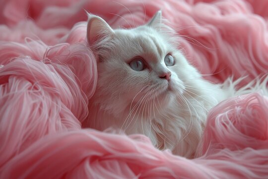 A cat dressed in a pink knit dress and a matching pink bow rests comfortably on a fluffy bed