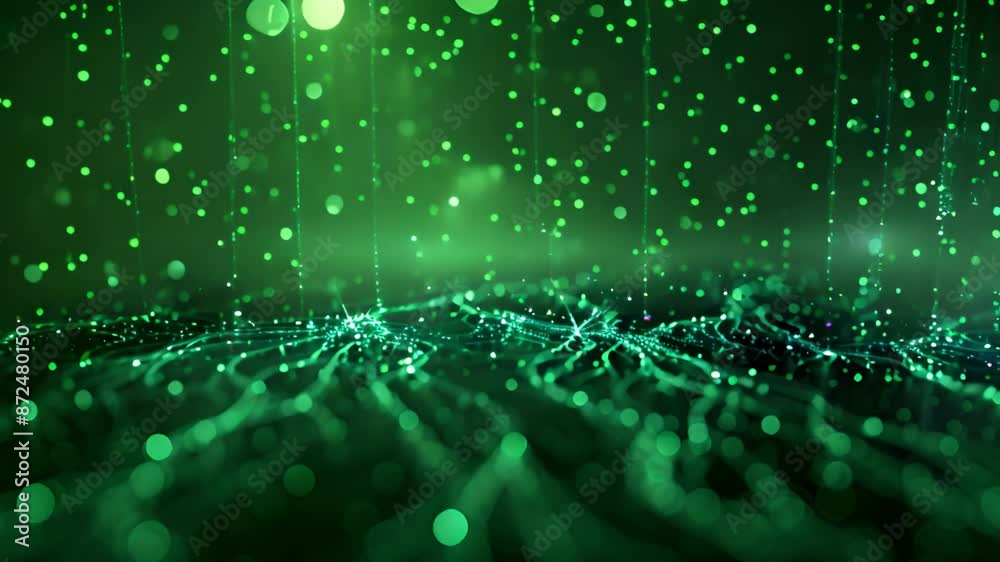 Poster Abstract green background with falling lights and bokeh.