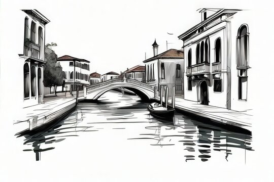 venice canal sketch, black and white, bridge clip art preview