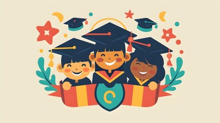 Happy Asian school kid graduate in graduation cap. 