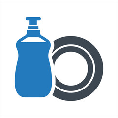 Dishwashing icon. Dish washing. Clean dishes. Washing dishes. Washing up liquid icon. Vector and glyph
