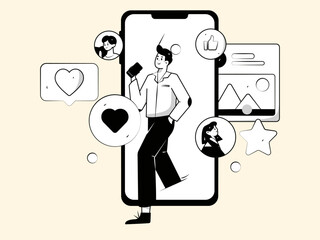 Virtual characters social communication concept business flat vector hand drawn illustration
