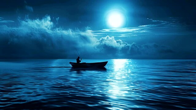Luminous Lagoon: Peaceful Fishing Under the Moon's Glow. Seamless looping time-lapse virtual 4k video animation background