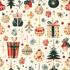 A seamless pattern displaying Christmas ornaments and wrapping paper with festive typography, perfectly integrated into the design