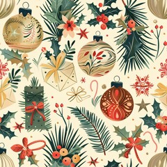 A seamless pattern displaying Christmas ornaments and wrapping paper with botanical holiday designs, meticulously arranged for a natural look