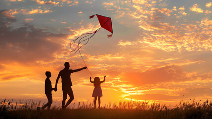 Happy family father, mother and child daughter launch a kite on nature at sunset