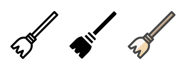 Multipurpose broomstick vector icon in outline, glyph, filled outline style. Three icon style variants in one pack.