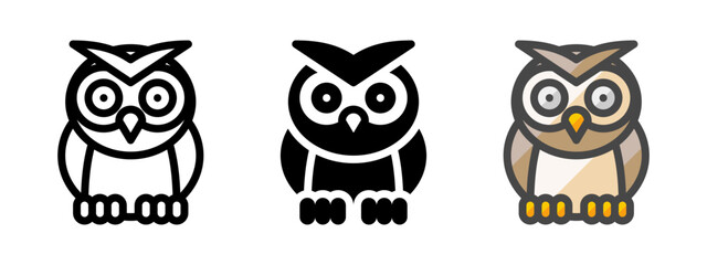 Multipurpose owl vector icon in outline, glyph, filled outline style. Three icon style variants in one pack.