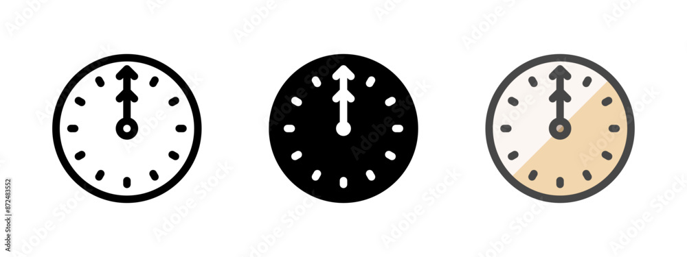 Poster multipurpose clock vector icon in outline, glyph, filled outline style. three icon style variants in