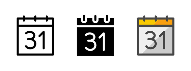 Multipurpose new year’s eve calendar vector icon in outline, glyph, filled outline style. Three icon style variants in one pack.