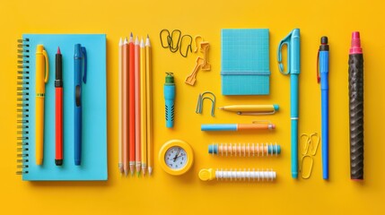 A colorful assortment of school supplies, including pens, pencils, and a clock